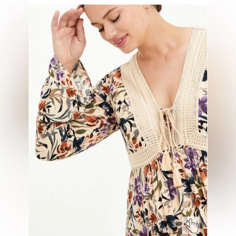 Mini Gauze Lace-Up Skater Dress Pluss Sz 3 plus Tassless Long Bell Sleeve - Image 4