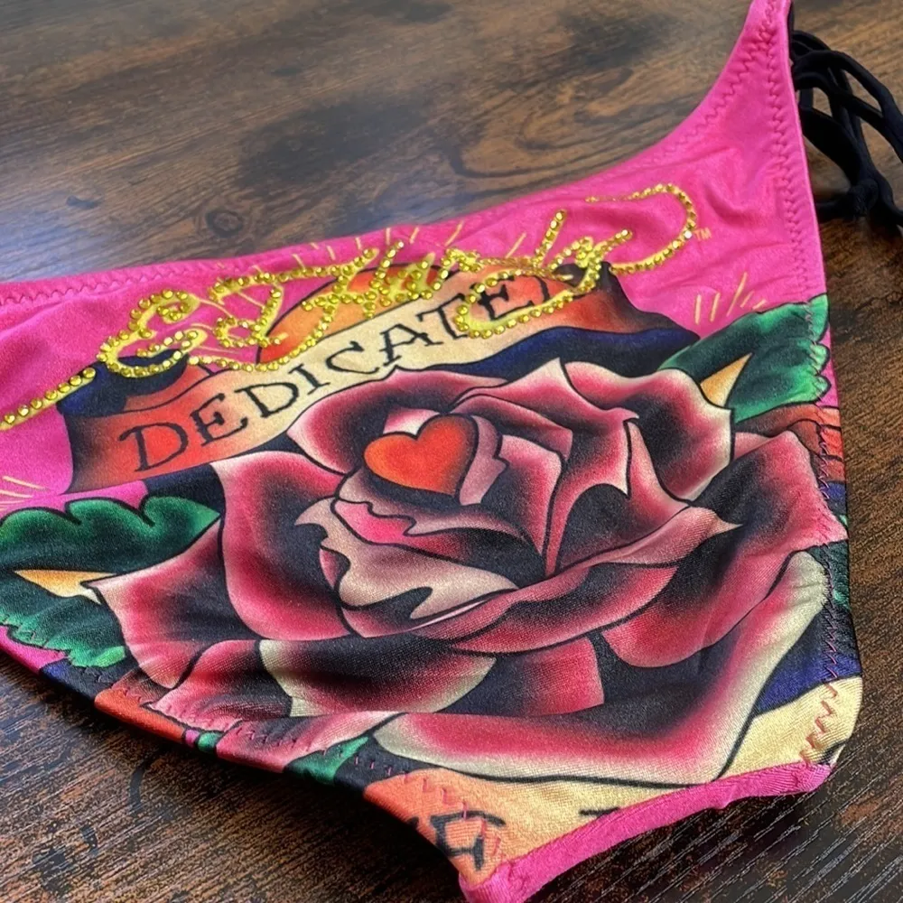 Ed Hardy  Swimwear Pink Tattoo Print Tie Bikini Bottom Bejeweled Y2K 2000s Large - Image 6