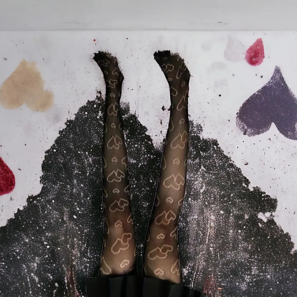 Heart Print Black Pantyhose, High Waist Semi - Image 8