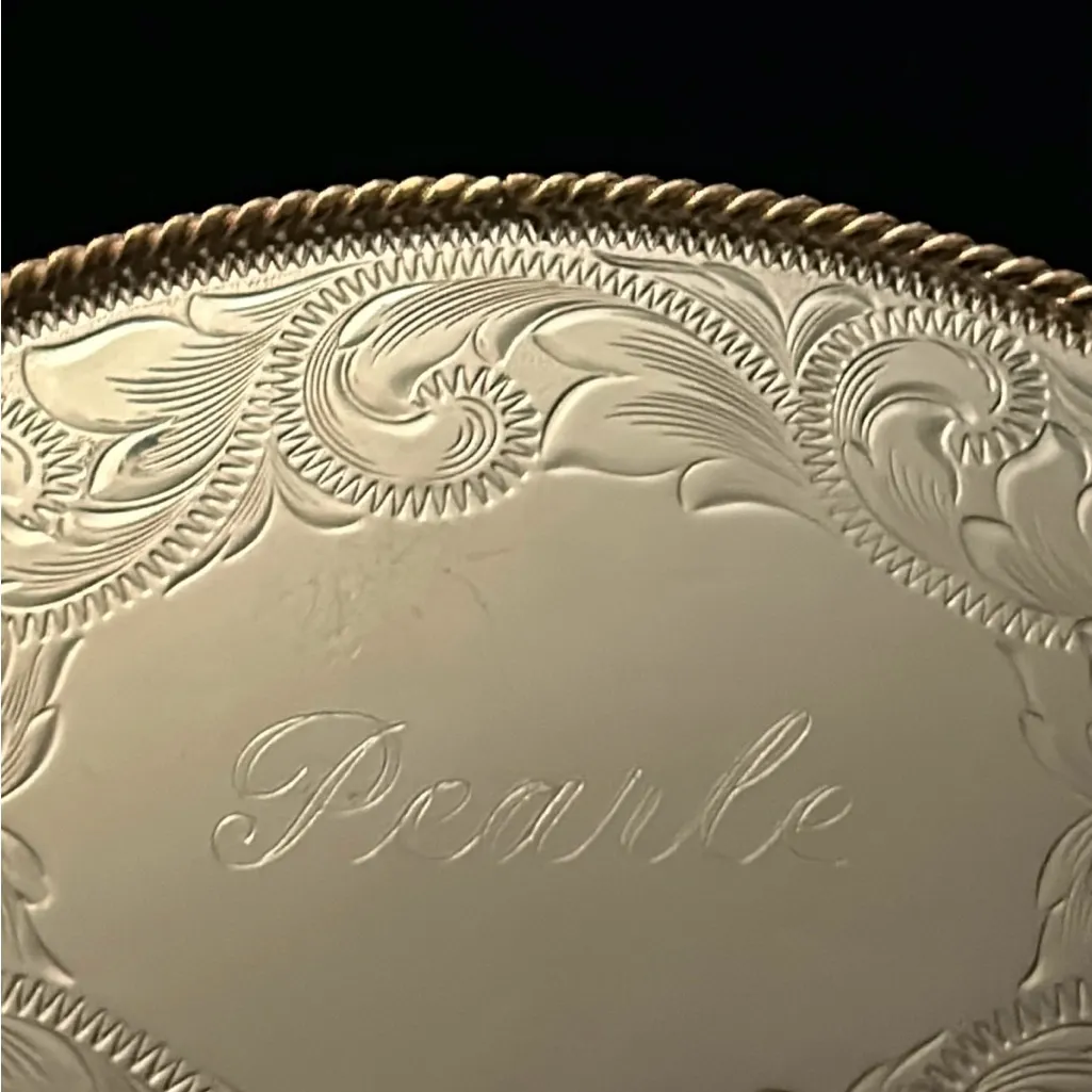 Montana Silversmiths oval western belt buckle engraved with Pearle and filigree Silver - Image 2