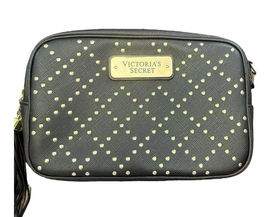 Victoria Secret Black Studded Crossbody Purse Handbag Beauty Shoulder Bag Tassel - Image 2