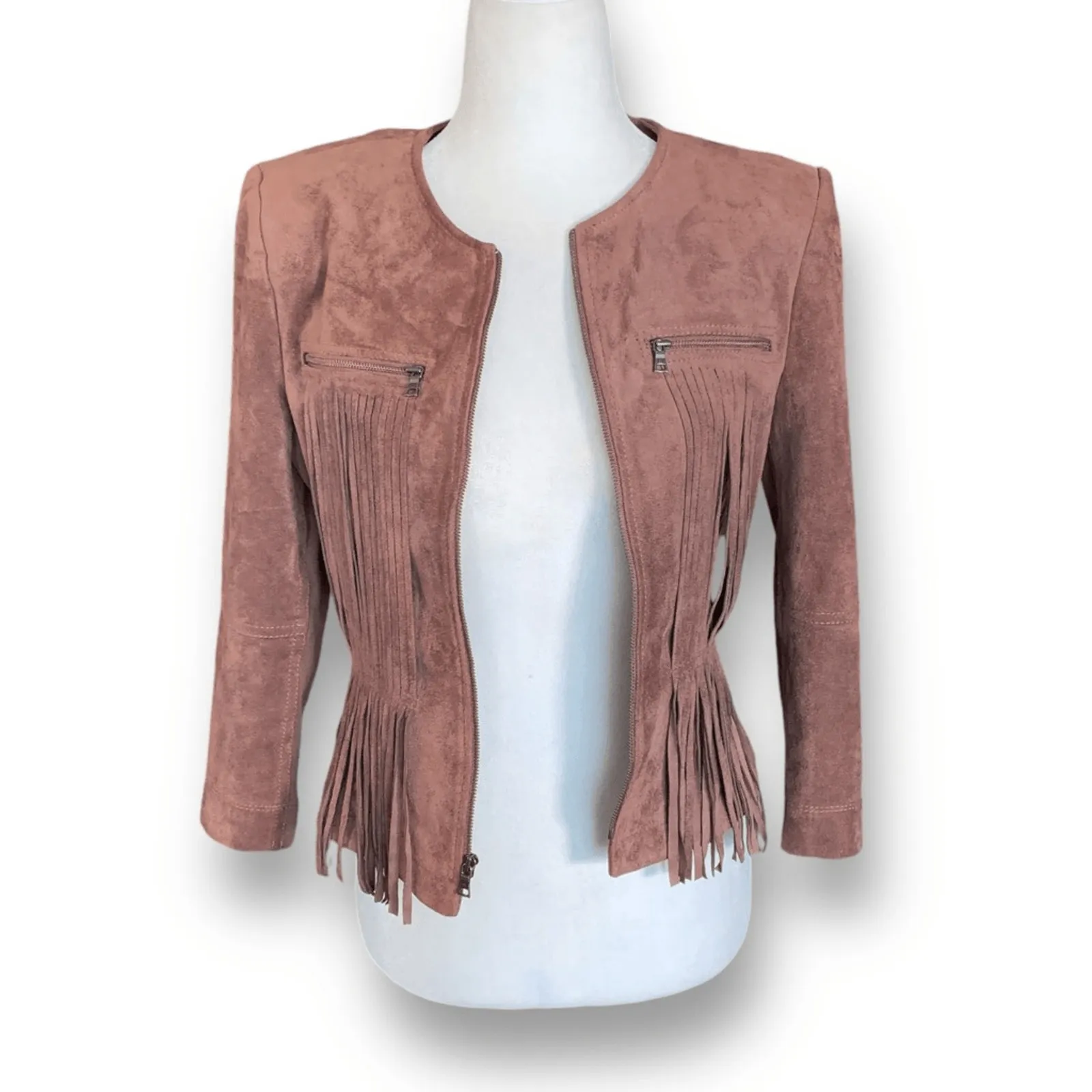BCBGMAXAZRIA Reiss Fitted Fringe Jacket Toffee Faux Suede Leather Size Small - Image 9