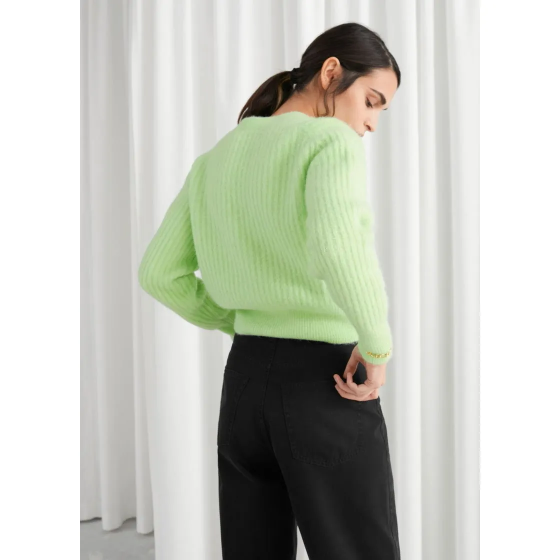 & Other Stories Lime Green Wool Blend Cropped Cardigan Sz S - Image 9