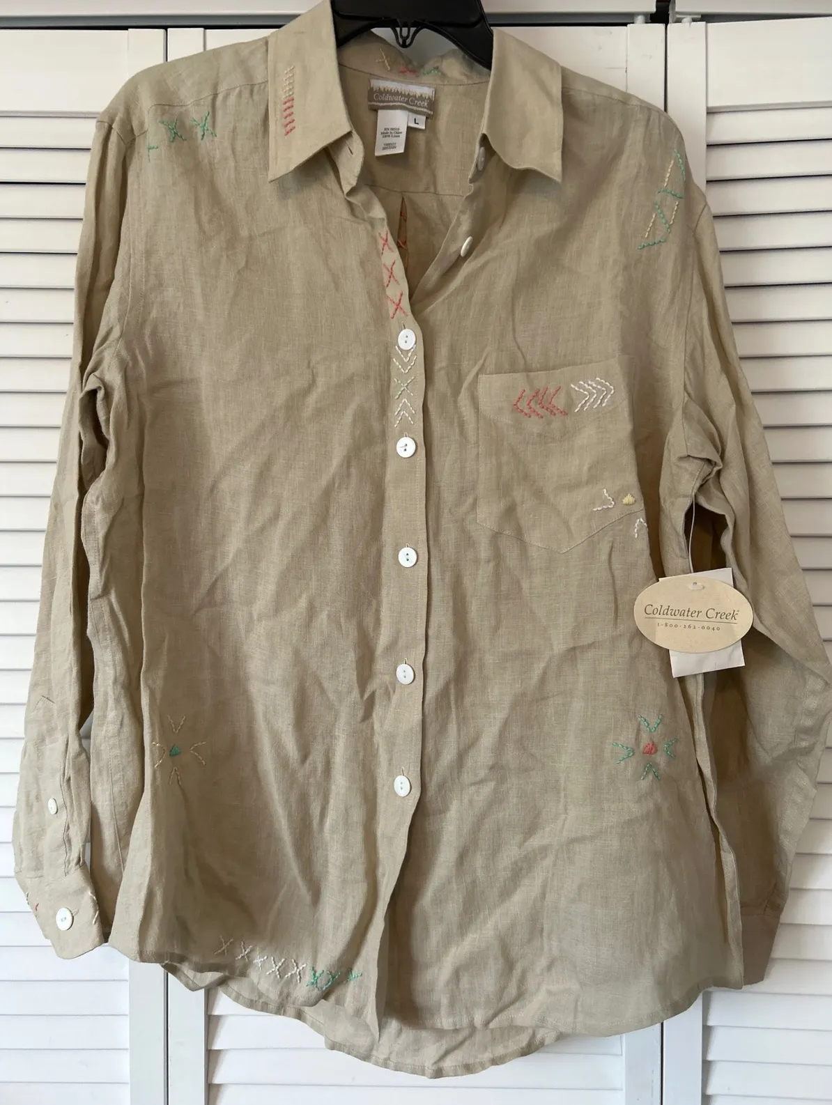 Coldwater Creek Linen Embroidered Button Down Shirt Women's L Tan Long Sleeve - Image 1
