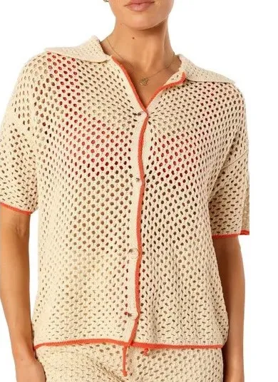 Petal + Pup Women's Crochet Knit Button Down Shirt Top, Collared, Casual Tan Size M - Image 1