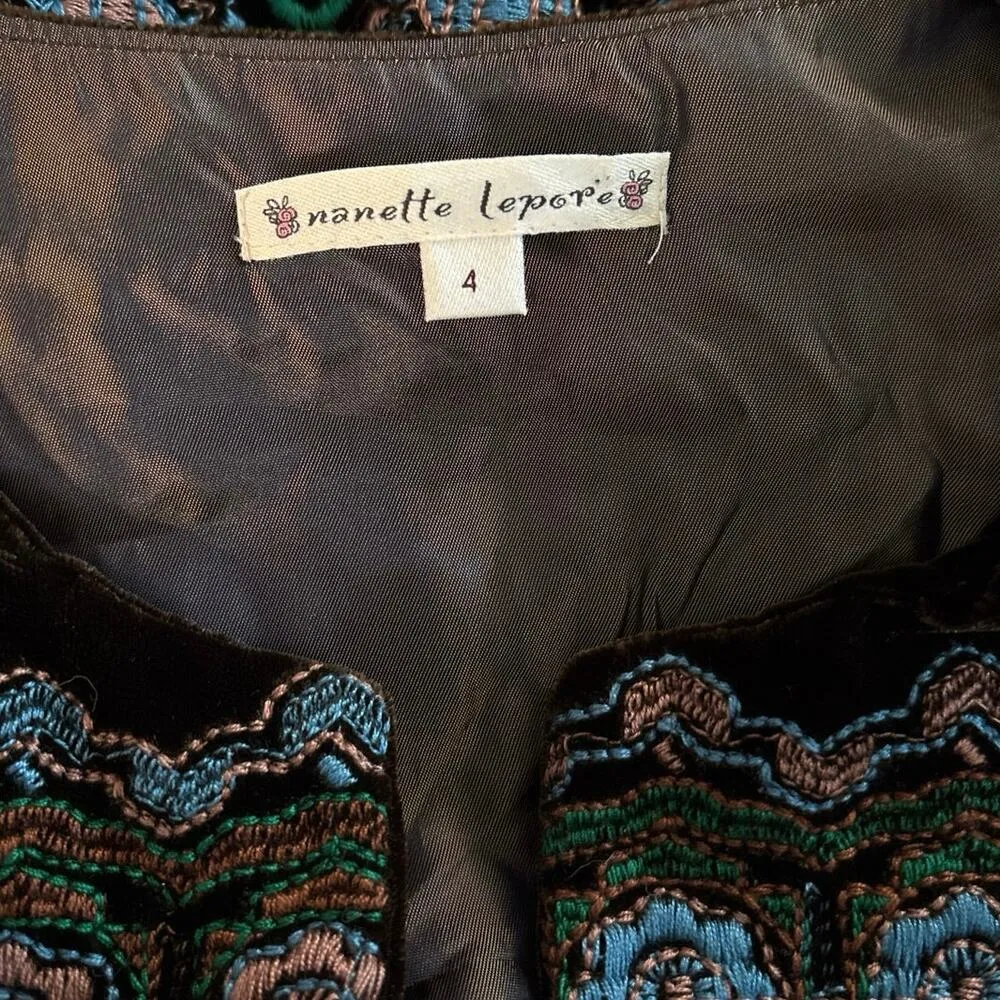 Nanette Lepore Size 4 Fully Embroidered Velvet Jacket Boho Lined Cap Sleeves - Image 4