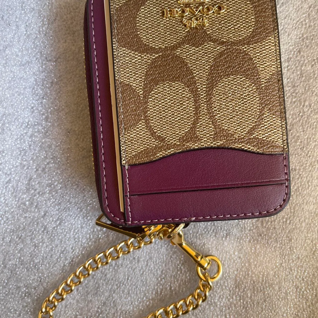 Coach Khaki Signature Canvas Deep Berry Zip Card Case - Image 5