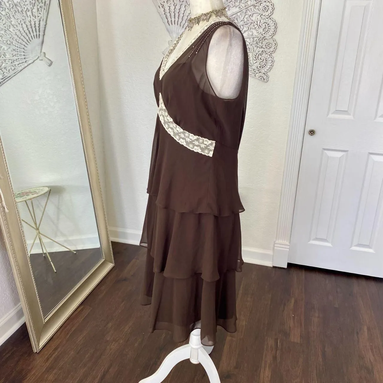 Liz Claiborne Early 2000's Fairy Layered Brown Mesh White Lace Trim Midi Dress L - Image 4