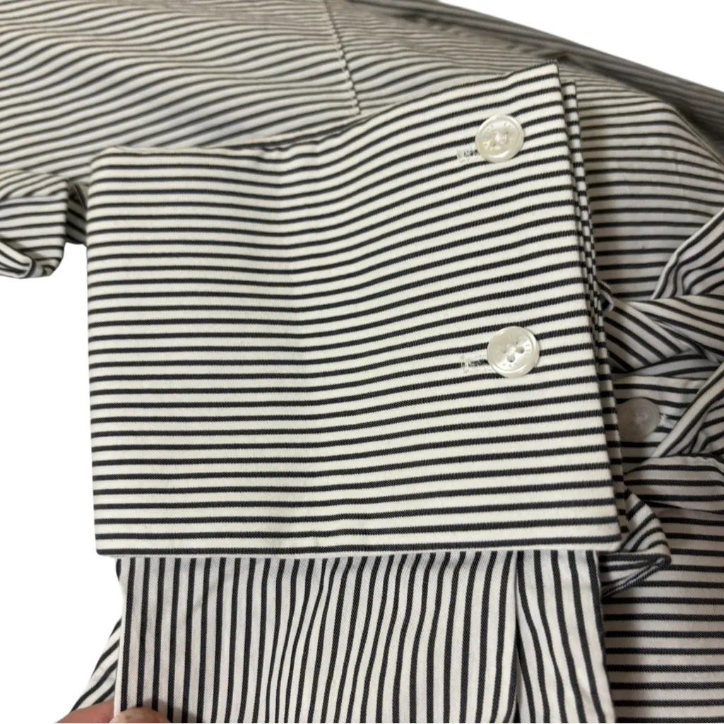 Express Design Studio 90’s Tailored Striped Ruffle Blouse Sz S French Cuff Navy Blue - Image 5