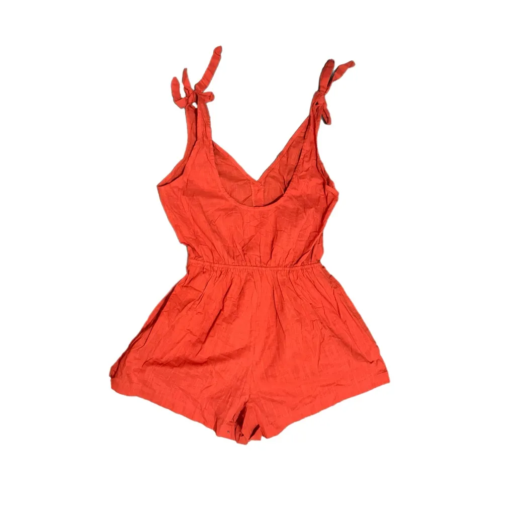 CUPSHE Women’s Cotton Romper Button Accents Tie Waist Shorts Size M Orange - Image 4