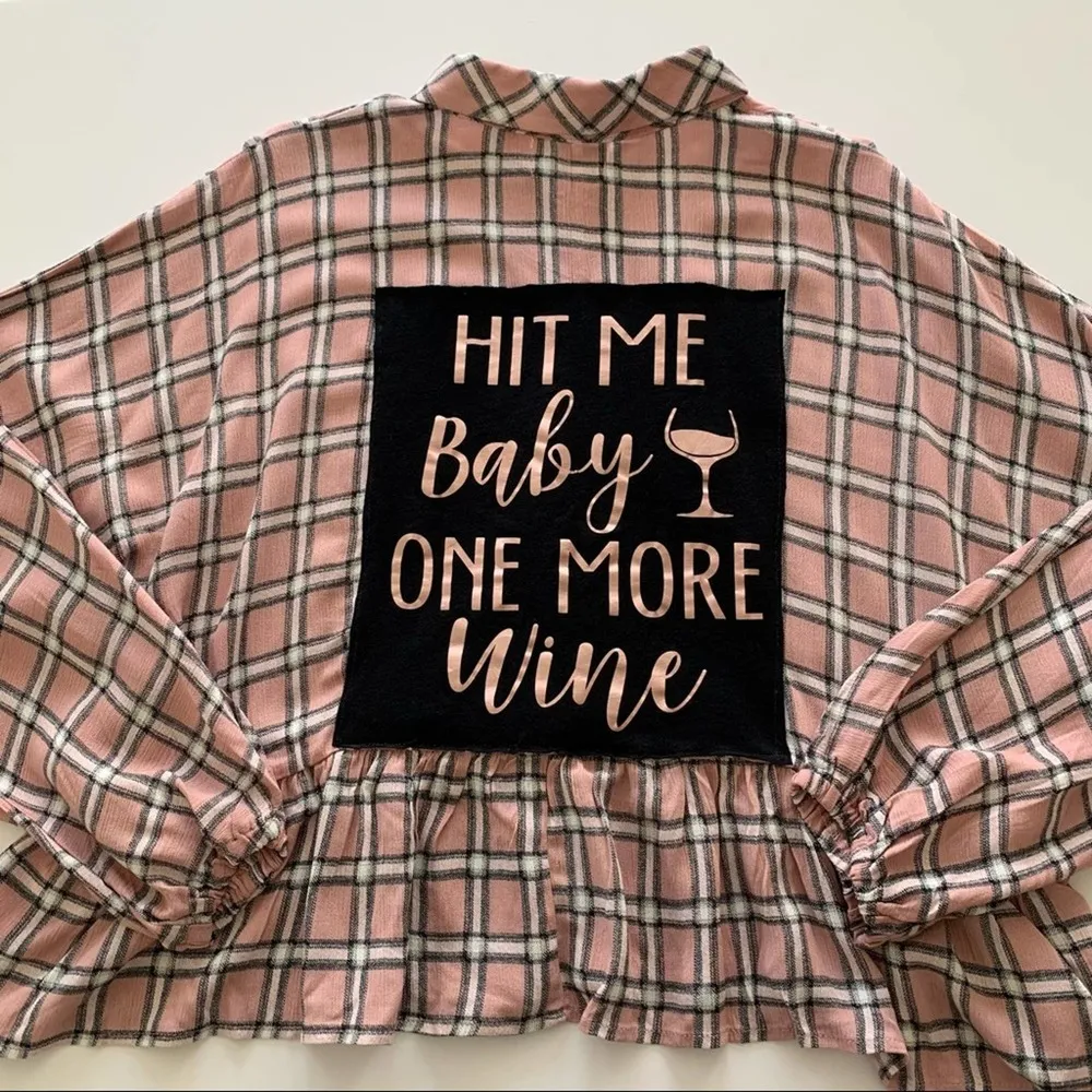 Via Penny Lane Reworked Apparel Hit Me Baby One More Wine Button Up Plaid Shirt Size L - Image 2