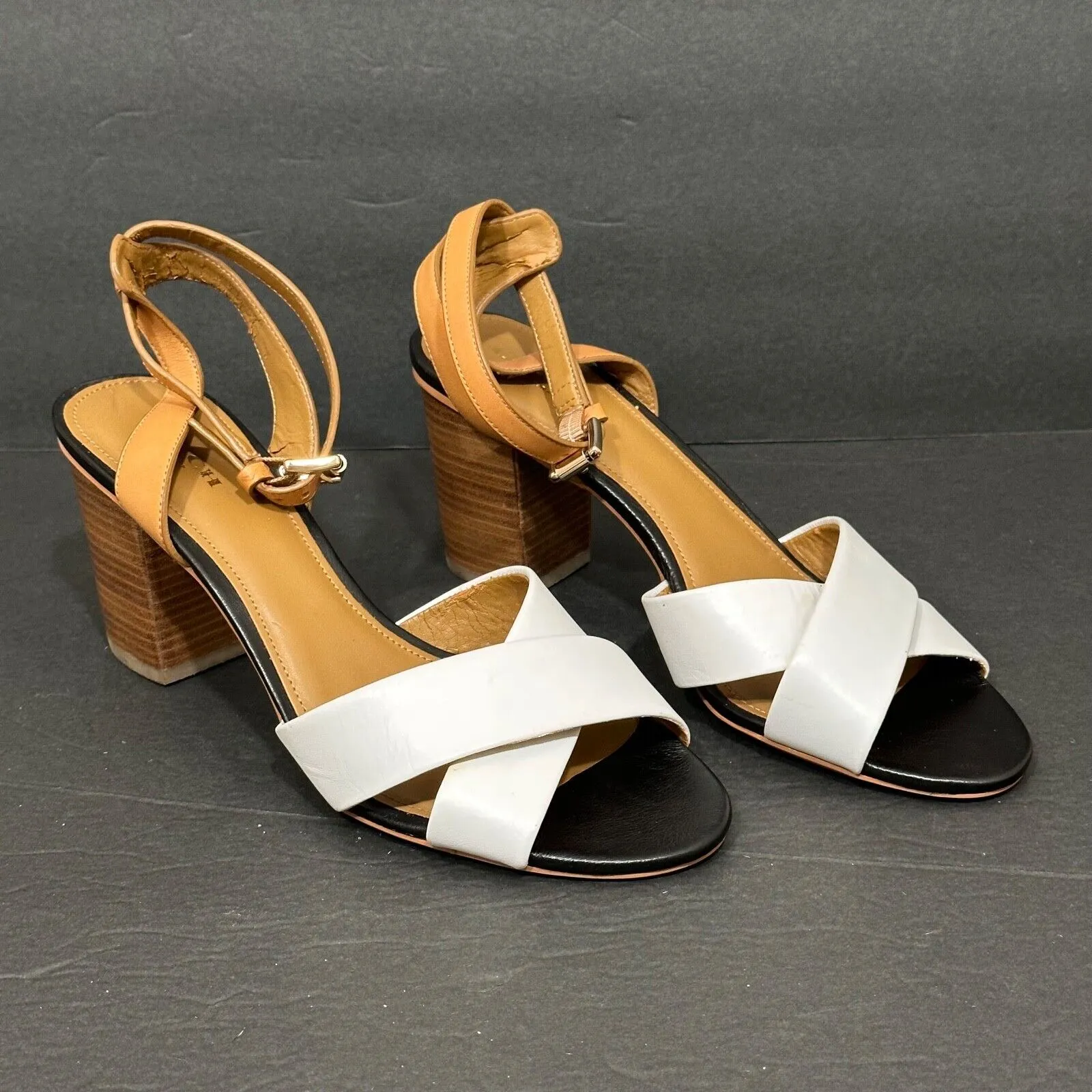 Coach Open Toe Heels Women's 9B White Brown Two Tone Crossover Ankle Strap - Image 10
