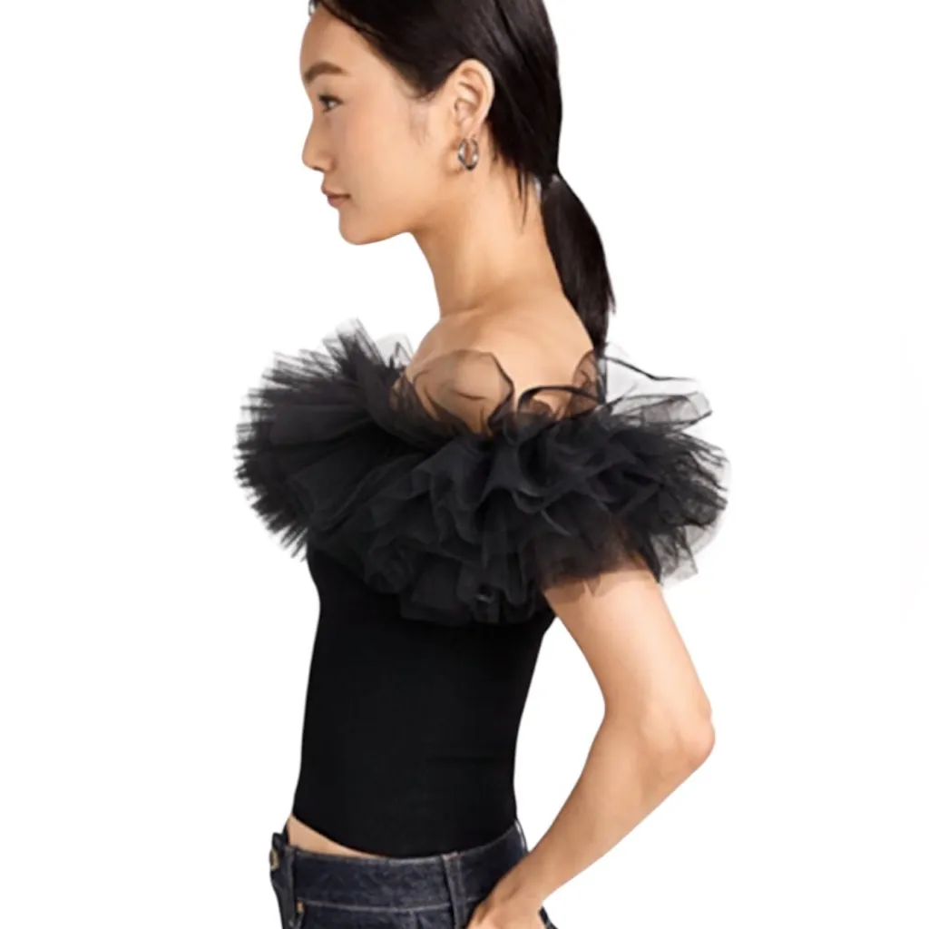 NWT Autumn Cashmere Off the Shoulder Tulle Ribbed Knit Top Black Size L - Image 3