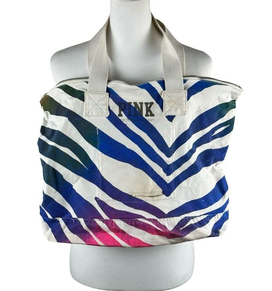 Vintage PINK Victoria's Secret Zebra Multicolor Canvas Tote Beach Travel Bag - Image 4