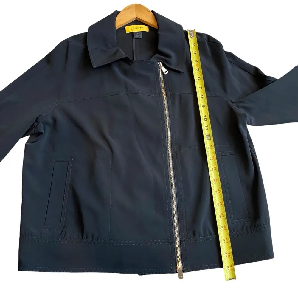 St. John  Women’s L Asymmetrical Zipper Bomber Jacket Solid Black Sporty‎ Casual - Image 6