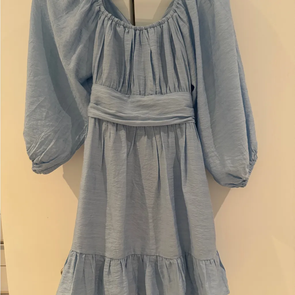 Women size small Light Blue Puff Sleeve Dress cutout back rushed loose fit flowy - Image 6