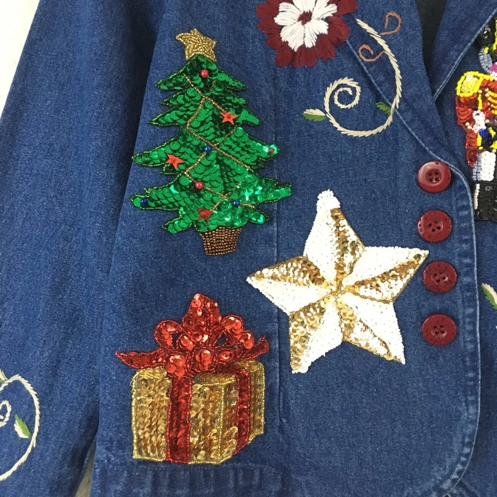 Christmas Sequin Patches Denim Blazer Size L - Image 5