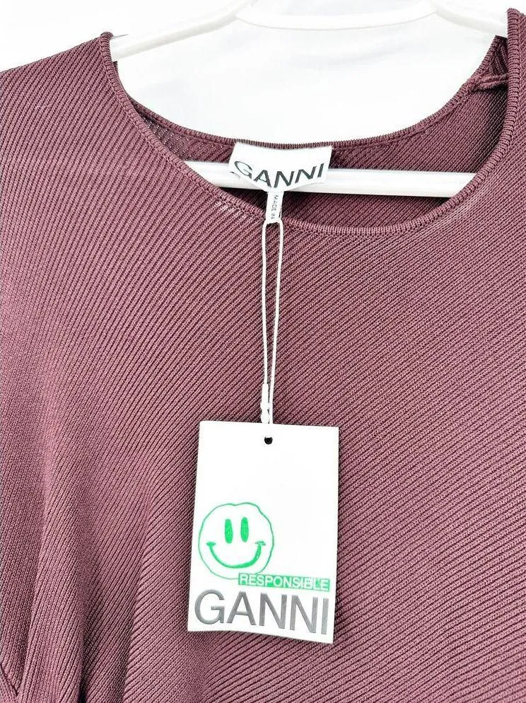 Ganni Grape Burgundy Ruched Ribbed Knit Long Sleeve Mini Dress Size Large NWT - Image 4