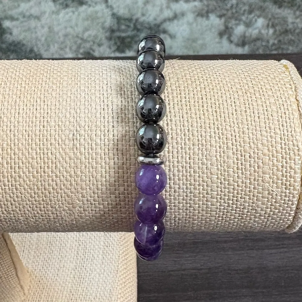 Amethyst And Hematite Beaded Healing Bracelet Purple - Image 2