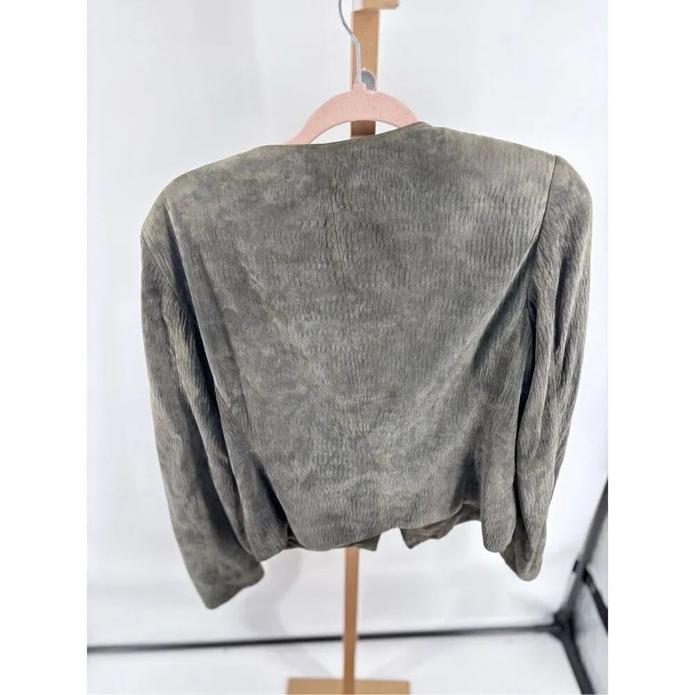Hugo Boss Women's Goat Leather Suede Jacket Blazer Gray Green Size 6 vintage - Image 7
