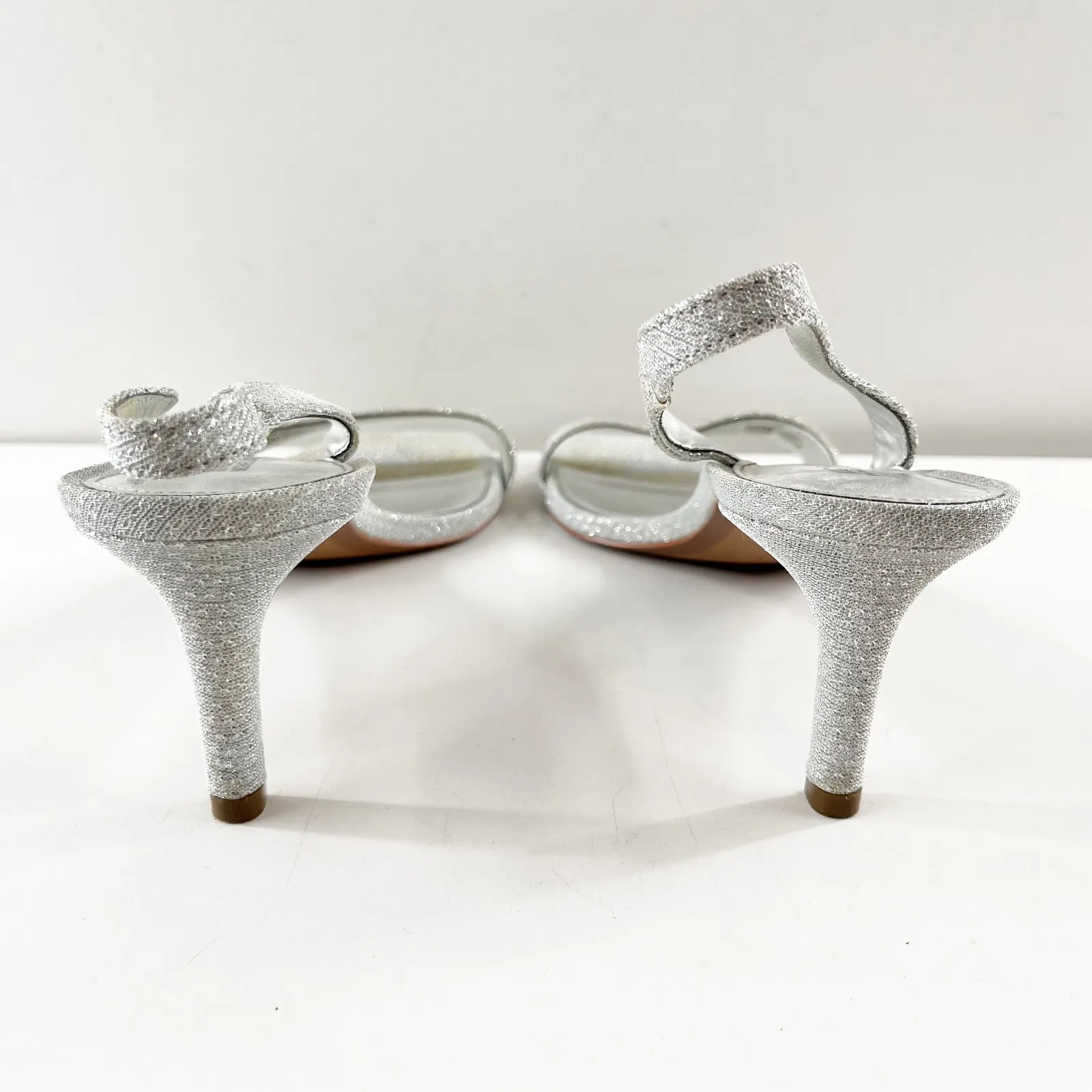 Michael Kors Pixie Fine Glitter Mila Slingback Kitten Heel Sandals Silver 9.5 - Image 7