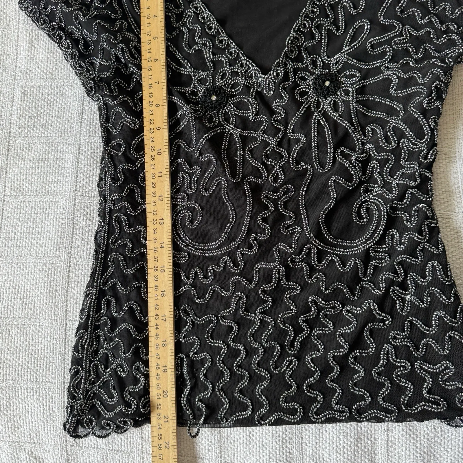 Pretty Angel Mesh Lined Black Silk‎ Blend V Neck Top M Fairy Y2K Witchy - Image 6