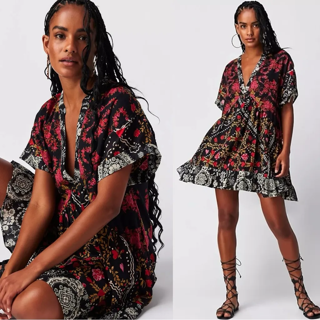 Free People Printed Agnes Tunic Dress Oversized XS Heart Floral Black Bohemian - Image 3