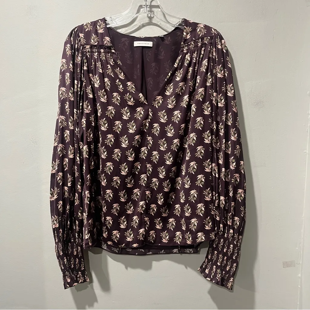 Rebecca Taylor Zia Fleur Printed Tie Top Size Large Maroon Floral V Neck Long Sl - Image 4