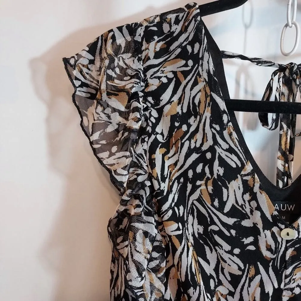 AUW Multicolor Black Brown White Abstract Print Ruffle Flutter V - Image 8