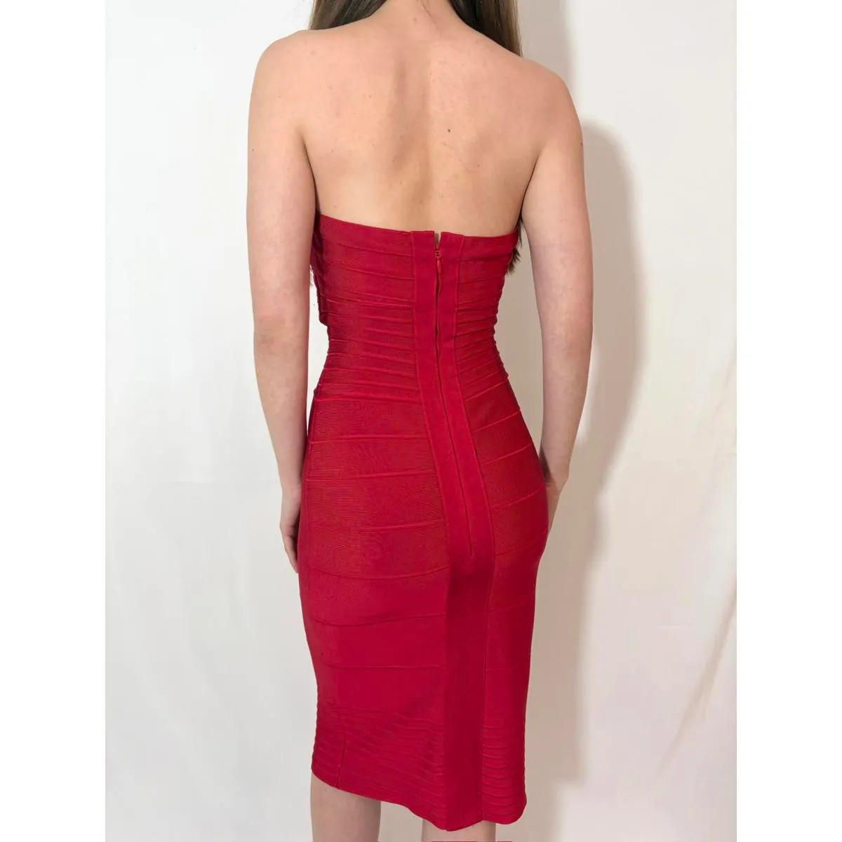Cherry Red Strapless Herve Leger Bandage Dress - Image 6