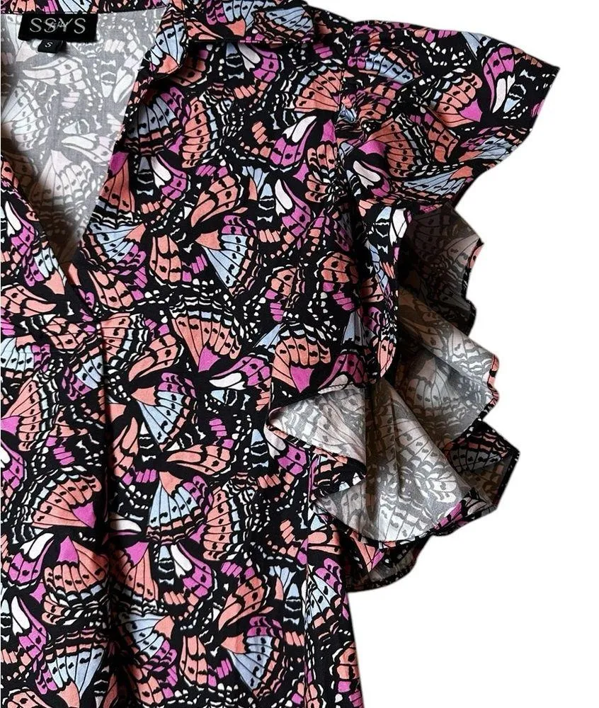 SYSS The Label Ruffle Sleeve Poplin Mini Dress Butterfly Print Boho Size Small Pink - Image 5