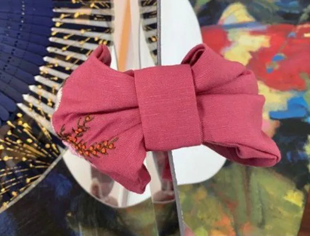 Pink Bow Headband with Floral Embroidery - Image 3