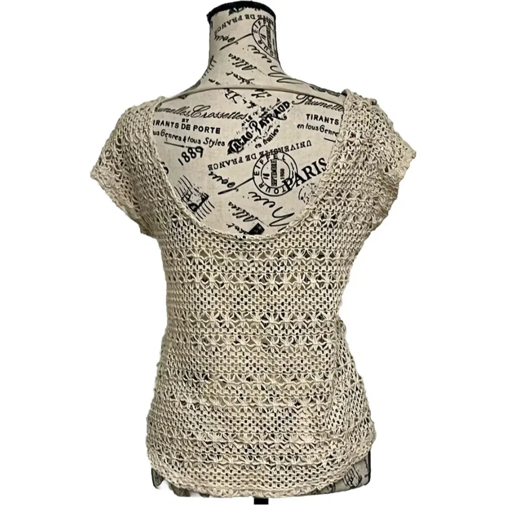 Full Tilt Tan Crochet Sheer Crop Top Boho Peasent Beachy Peasant S Open Back - Image 4