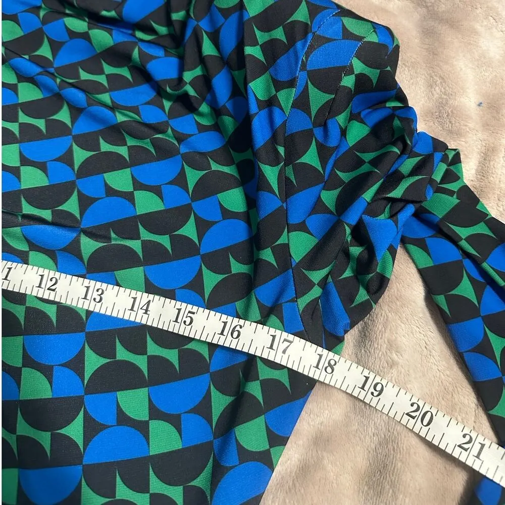 Zara Long Sleeve Geometric Mock Neck Mini Bodycon Dress Size Large Blue Green - Image 5