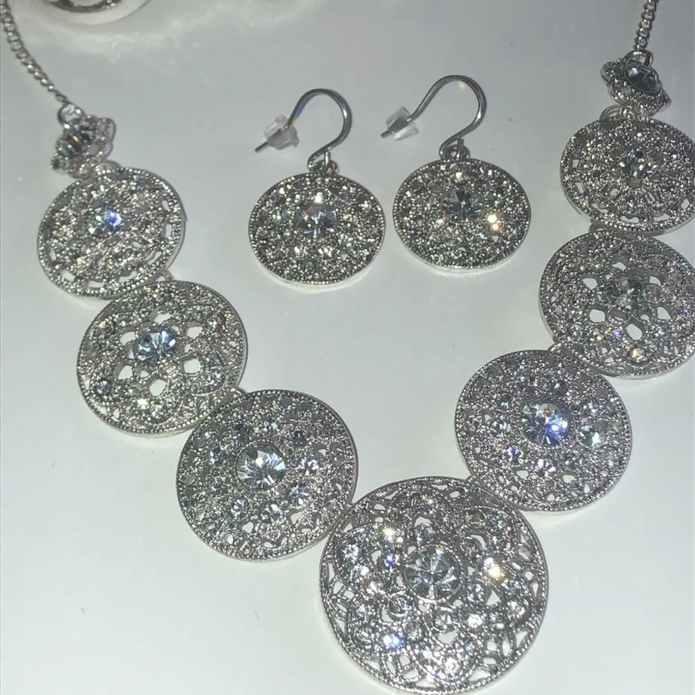 Liz Claiborne Silver Tone CZ Rhinestone Necklace Bracelet Earrings Set - Image 4