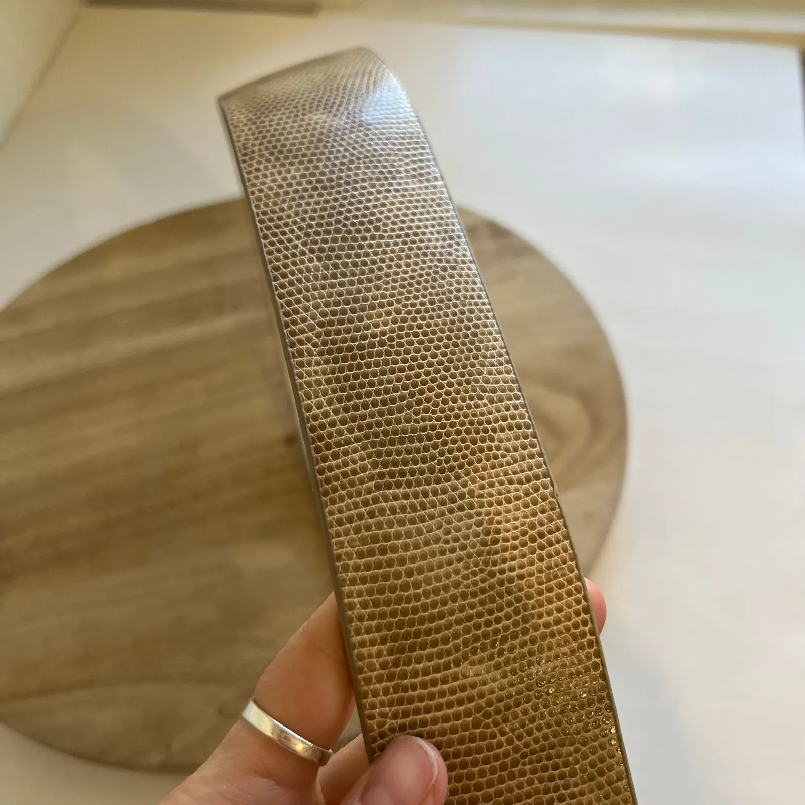 Tan Beige Textured Vegan Leather Wide Golden Buckle Belt Size Large - Image 5