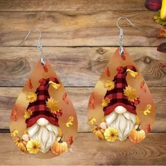 Autumn Falling Leaves Gnome Faux Leather Dangle Earrings Orange - Image 2