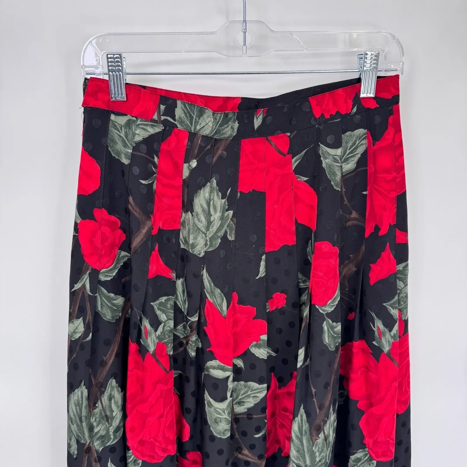 Vintage 80s Austin Hill Midi Skirt Womens 10 Black Polka Dot Rose Print Rayon - Image 2