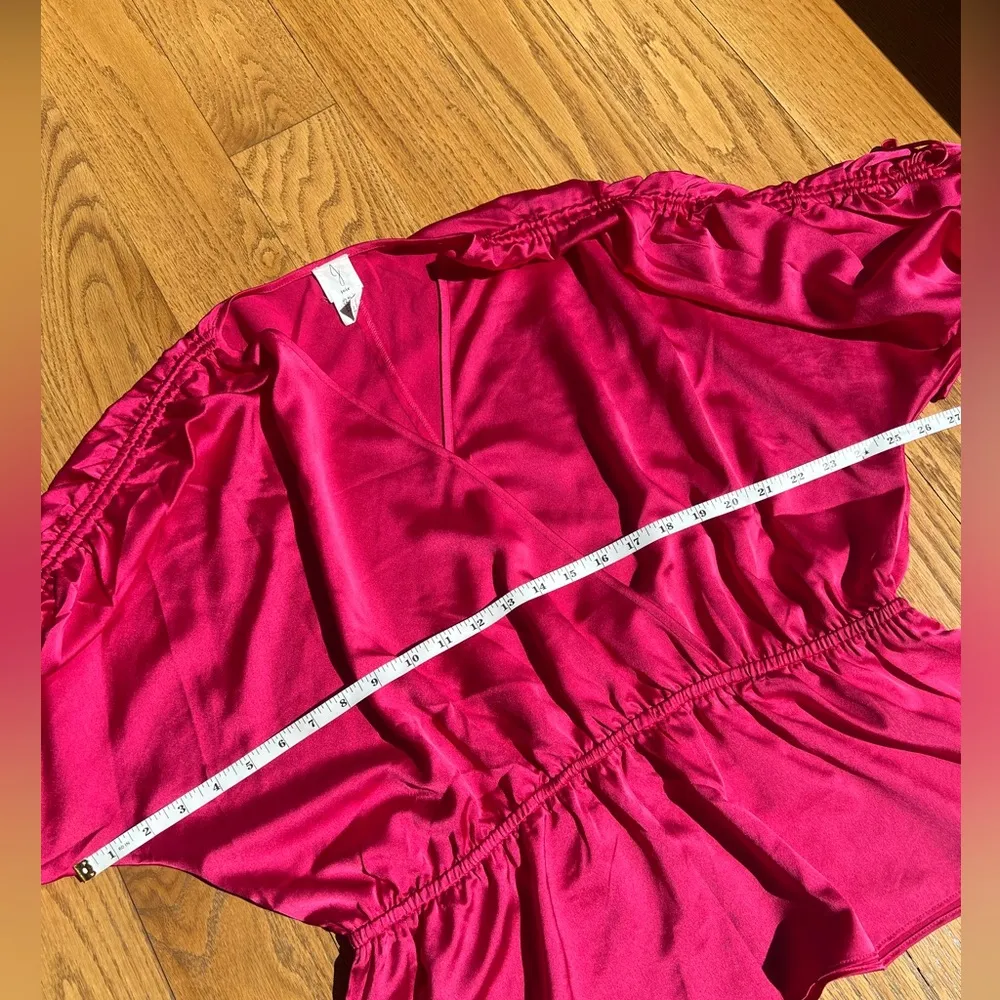 Joie Hot Pink Satin Wrap Top, Size XL, Ruched sleeves, V neck, Fun, Colorful - Image 5