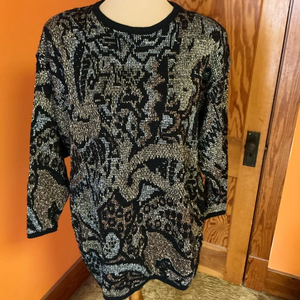Vtg 80s sparkly geometric oversized sweater Black Size L - Image 6