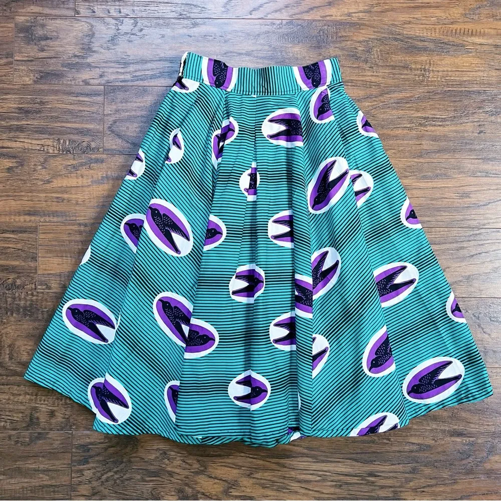 Francis + Benedict • pleated skirt African wax print cotton birds green purple Size XS - Image 9