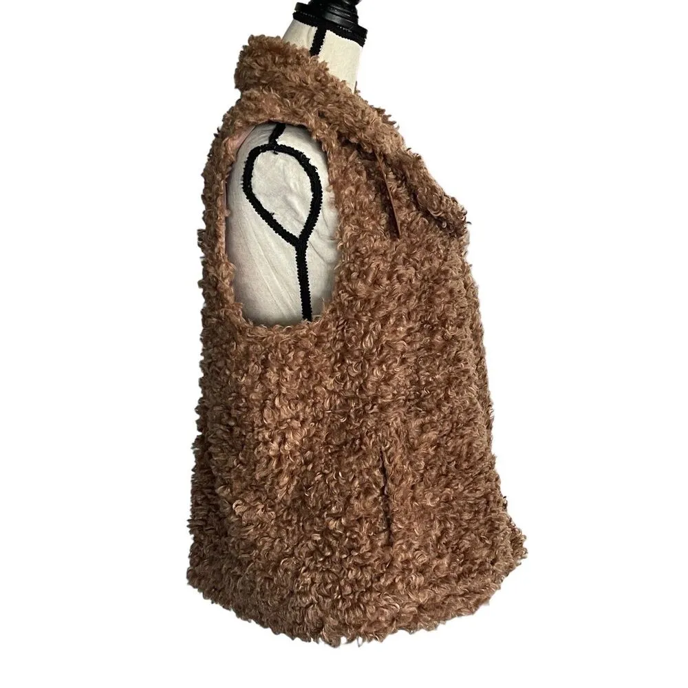 INC X-Large Faux Fur Vest Full-Zip Sleeveless Lined Pocket Collared Clay Tan New - Image 3
