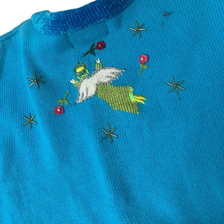 QUACKER FACTORY Blue Sweater Christmas Nativity Scene Angels Size XS 90s VINTAGE - Image 7