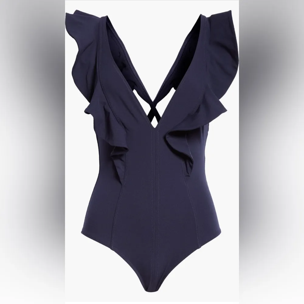 Ulla Johnson Evelina Ruffle Plunge One-Piece Swimsuit, Navy, Size Large, $380 - Image 14