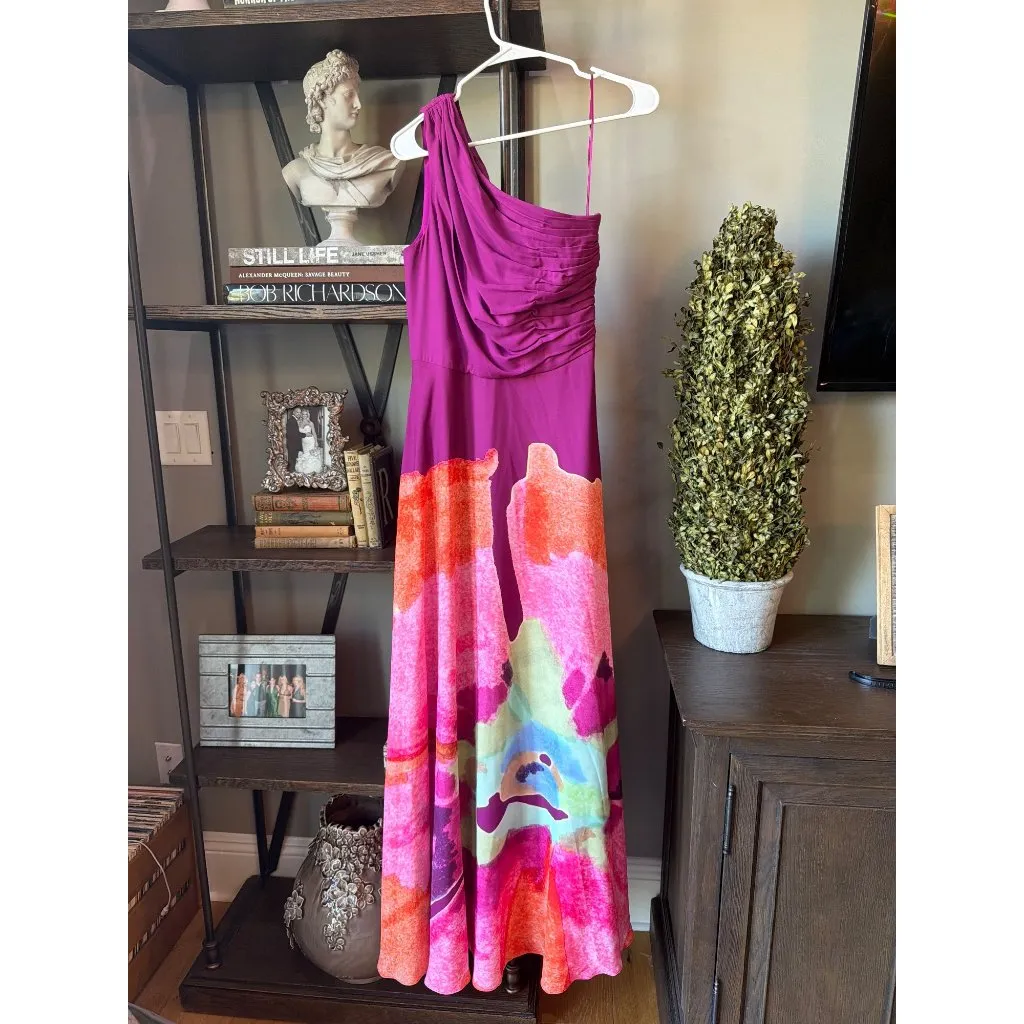 AMUR Atlas Painterly One Shoulder Floral Evening Gown Purple Womens Size 4 Pink - Image 5