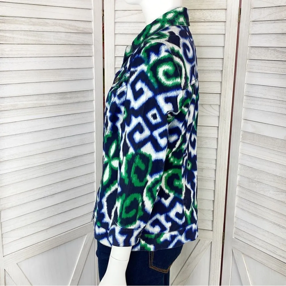 Chico’s Floral Ikat Stretch Cotton Jacket Blue Green Small 3/4 Sleeve - Image 2