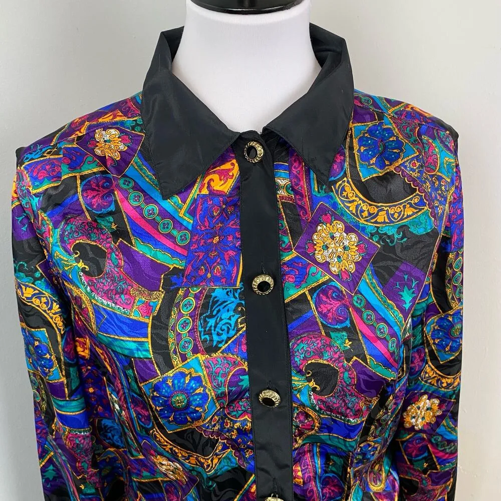Vintage 80s Notations Multicolor Abstract Baroque Button Down Top Blouse - Image 2