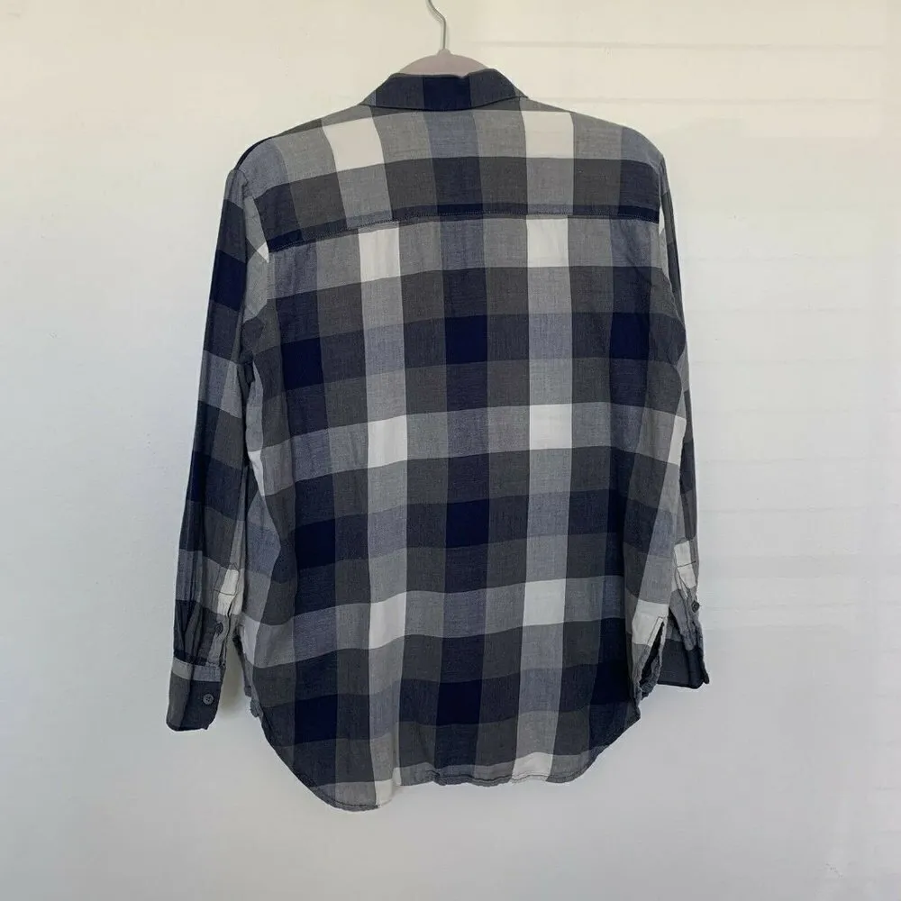 𝅺MADEWELL plaid flannel EX boyfriend shirt top purple long sleeve hi low - Image 5