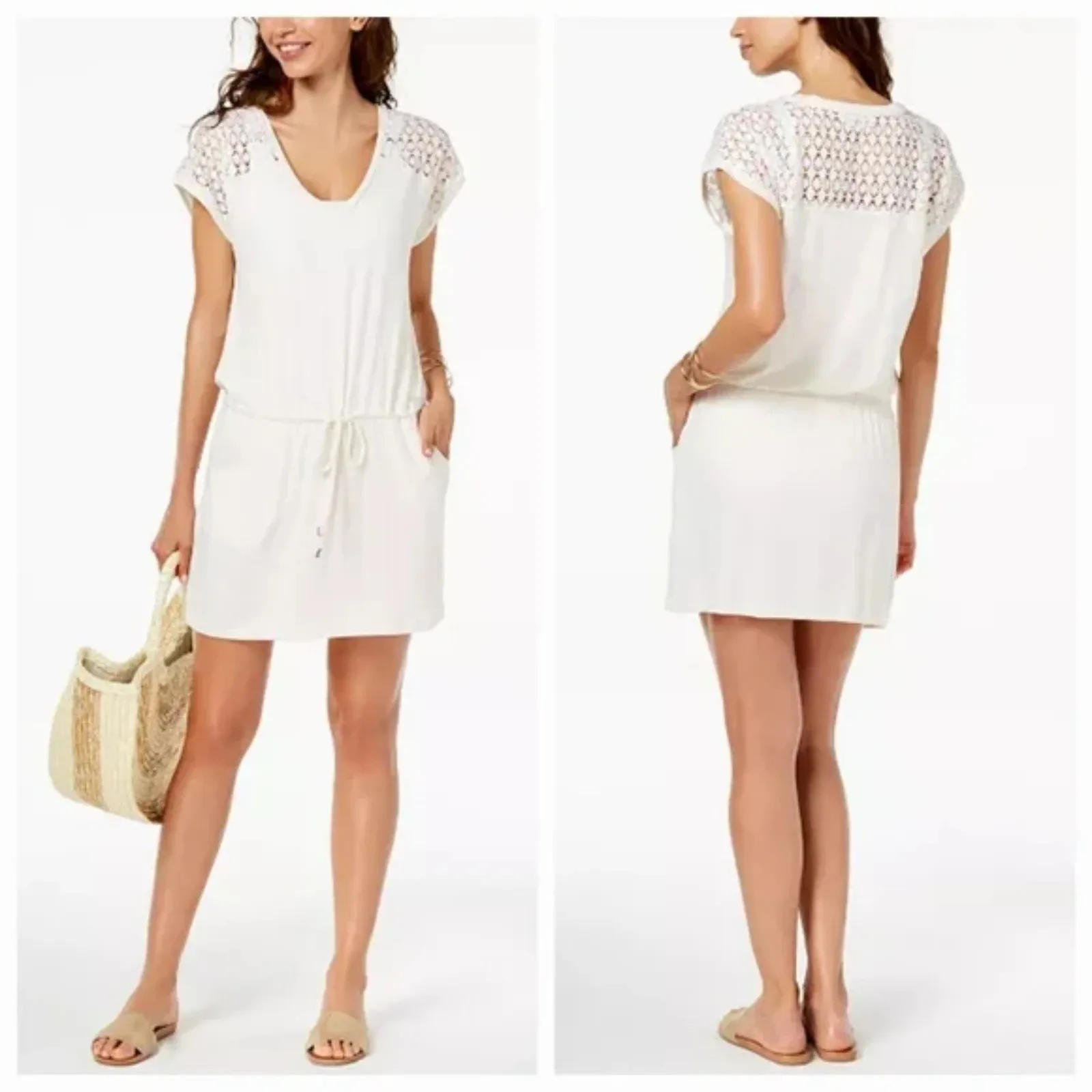 Calvin Klein Womens Crochet Shoulder Tunic Cover Up Drawstring Dress Sz S/M - Image 8