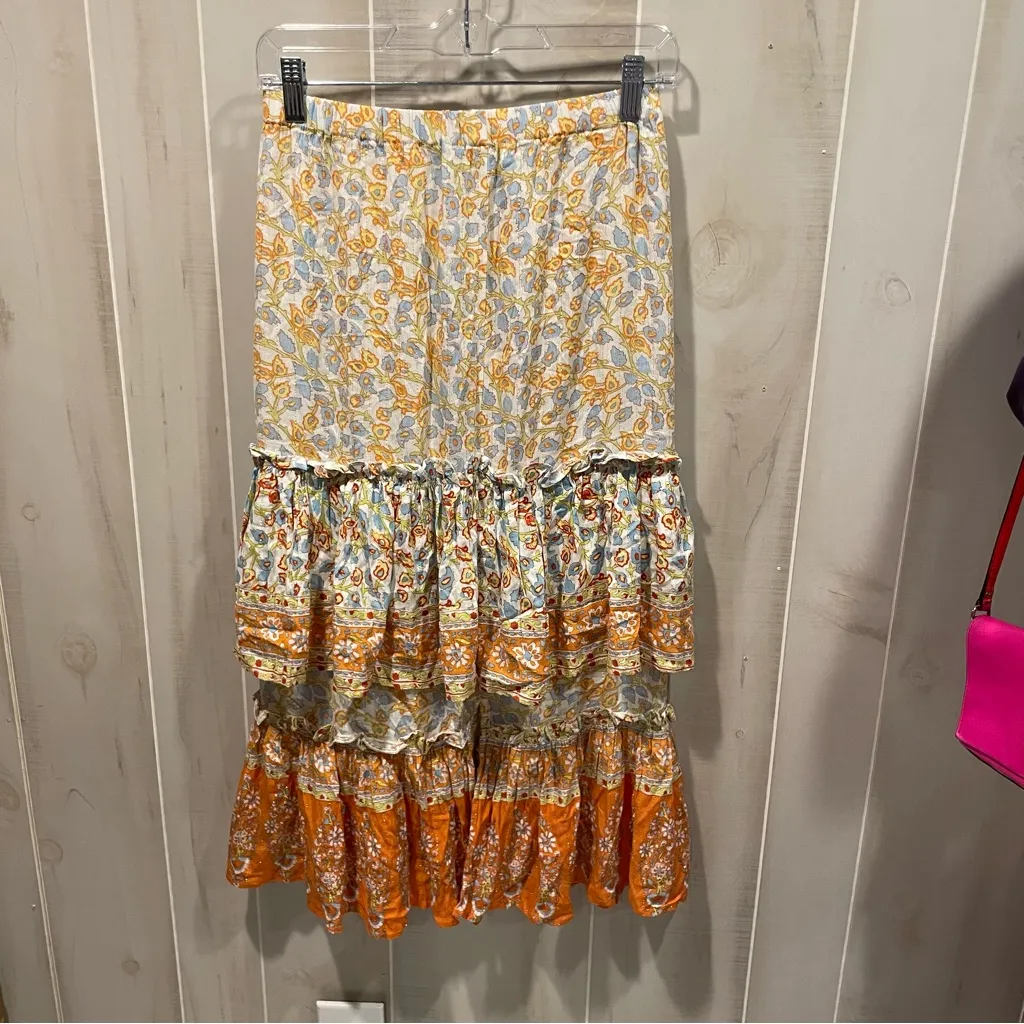 Cute tiered ruffle midi metallic thread boho floral pull on skirt festival fairy Orange Size XS - Image 7